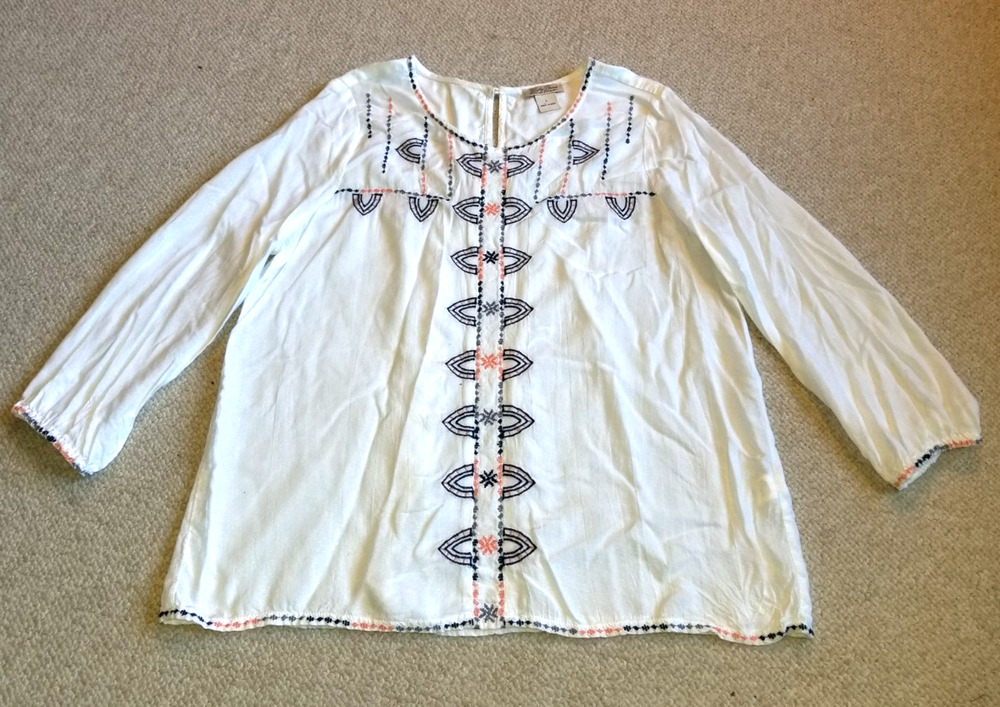 Womens Top-LUCKY BRAND-white/blue/salmon rayon embroidered tunic BOHO peasant-L